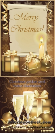 Stock: Christmas golden card, vector illustration