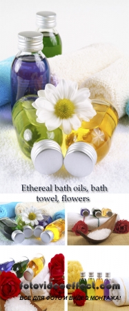 Stock Photo: Ethereal bath oils, bath towel, flowers