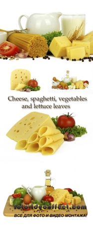 Stock Photo: Cheese, spaghetti, vegetables and lettuce leaves
