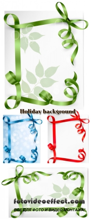 Stock: Holiday background with red, green and blue gift bow with red ribbons