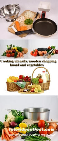 Stock Photo: Cooking utensils, wooden chopping board and vegetables