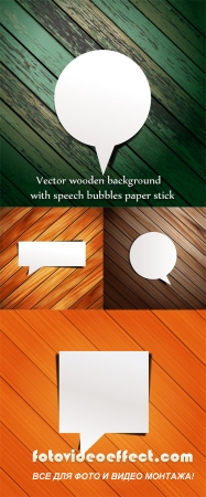 Stock: Vector wooden background with speech bubbles paper stick