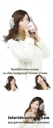 Stock Photo: Beautiful winter woman on white background. Portrait of asian