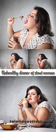 Stock Photo: Unhealthy dinner of stout woman