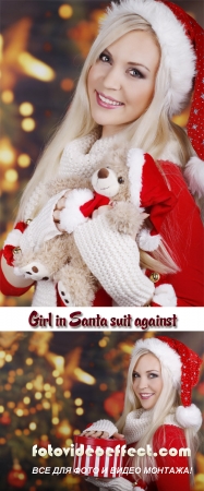 Stock Photo: Girl in Santa suit against New Years fires