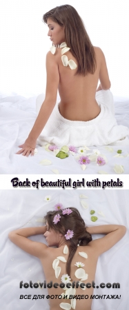 Stock Photo: Back of beautiful girl with petals and flowers