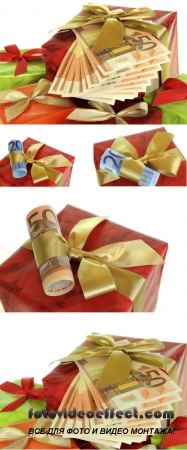 Stock Photo: Red gift with a bow and money