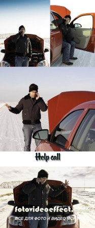 Stock Photo: Car breakage on the winter road, help call