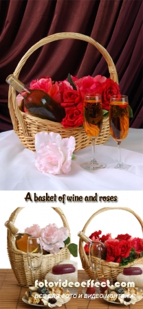 Stock Photo: A basket of wine and roses with luxury spa items