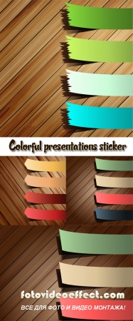 Stock: Colorful presentations sticker on wooden background