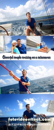 Stock Photo: Cheerful couple cruising on a catamaran in Caribbean sea
