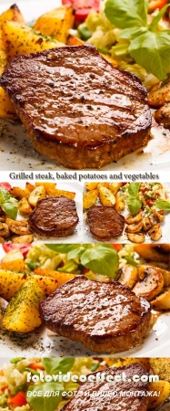 Stock Photo: Grilled steak, baked potatoes and vegetables