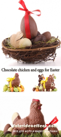 Stock Photo: Chocolate chicken and eggs for Easter