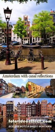 Stock Photo: Traditional houses of Amsterdam with canal reflections