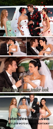 Stock Photo: Newlyweds and wedding limousine