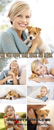 Stock Photo: Girl with puppy, small doggie and blonde