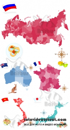 Map of the country with flag and national dish /       