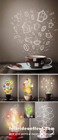  Stock Photo: Coffee and tea cup with colorful letters