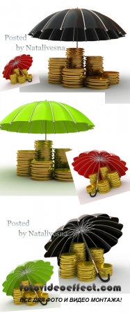        / Umbrellas and gold coins - Stock photo