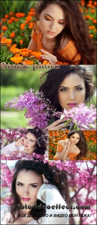    / Beautiful girl and flowers - raster clipart