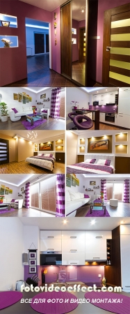 Stock Photo: Modern white and purple kitchen interior