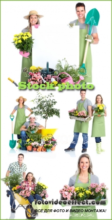  / Gardening, a man and woman with flowers - raster clipart