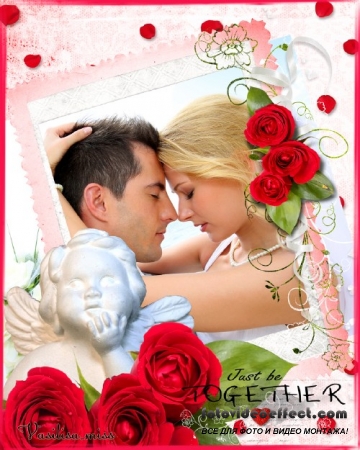 Романтическая фоторамка с ангелом, красными розами и нежными лепестками роз 