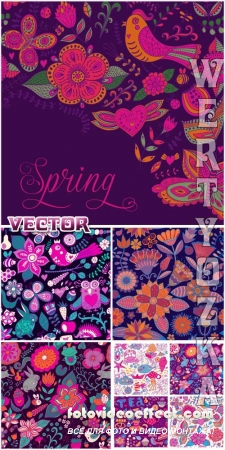        / Vector background with multicolored flowers and birds