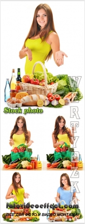    ,   / Girl with a basket of vegetables, food - raster clipart