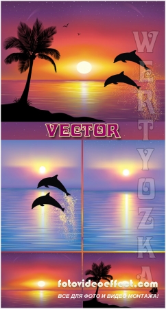     / Seascapes and the dolphins - Vector clipart