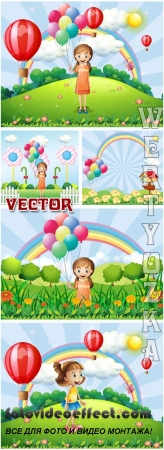      / Celebratory children's backgrounds with a girl - vector clipart