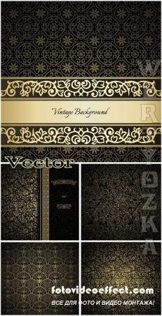       / Black vintage background with golden ornaments - vector
