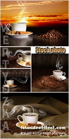      / Fragrant coffee on a background of a sunset - Raster clipart