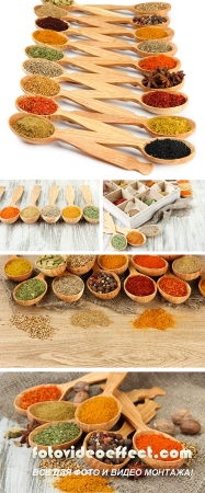 Stock Photo: Assortment of spices in wooden spoons