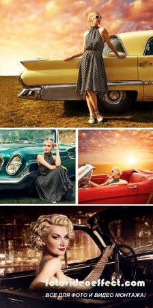 Stock Photo: Beautiful lady standing near retro car