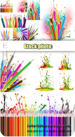  ,    / Colored pencils, splashes paint - Raster clipart