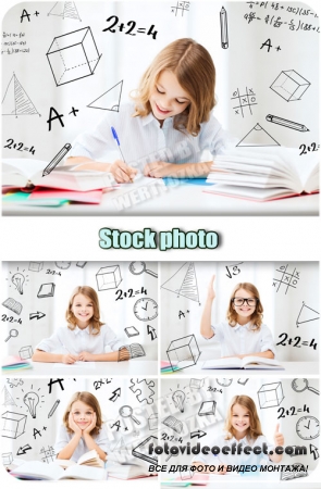     / Girl schoolgirl does his homework - Raster clipart