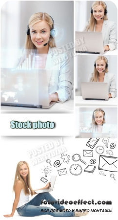      / Girl in headphones with laptop - Raster clipart