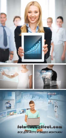 Stock Photo: Woman and man with virtual screen and news