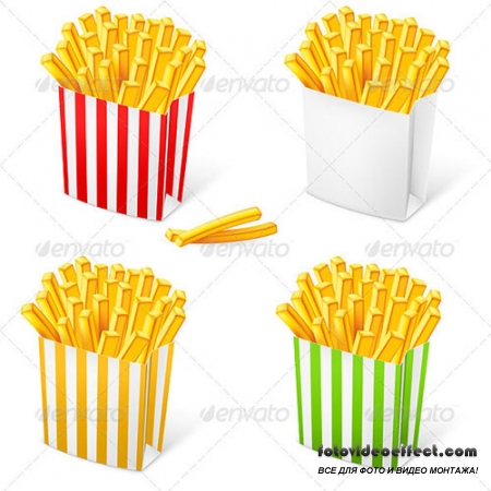 French fries in a multi-colored striped packaging