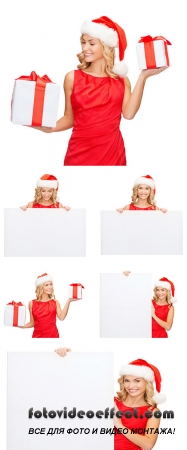 Stock Photo: Woman in santa helper hat with blank