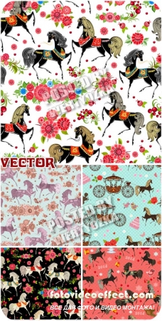       / Vector background with horses and flowers