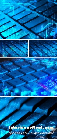  Stock Photo: Keyboard with glowing multimedia icons