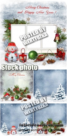       / Christmas background with christmas tree and a snowman - stock photos