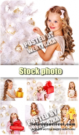   ,   / Girl with gifts, christmas tree - stock photo