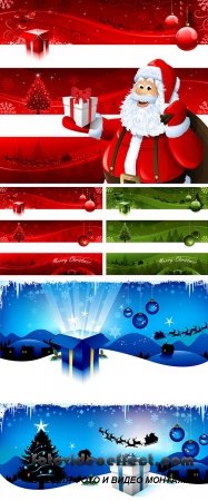 Stock: Christmas banners and Santa Claus