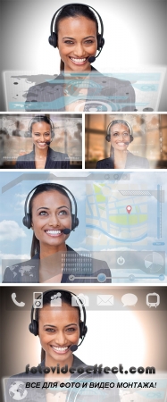 Stock Photo: Beautiful smiling businesswoman using futuristic interface