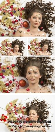 Stock Photo: Close-up christmas portrait of brunette girl