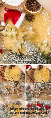 Stock Photo: Gingerbread cookies and spices on wood plank