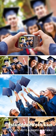 Stock Photo: Students throwing graduation hats